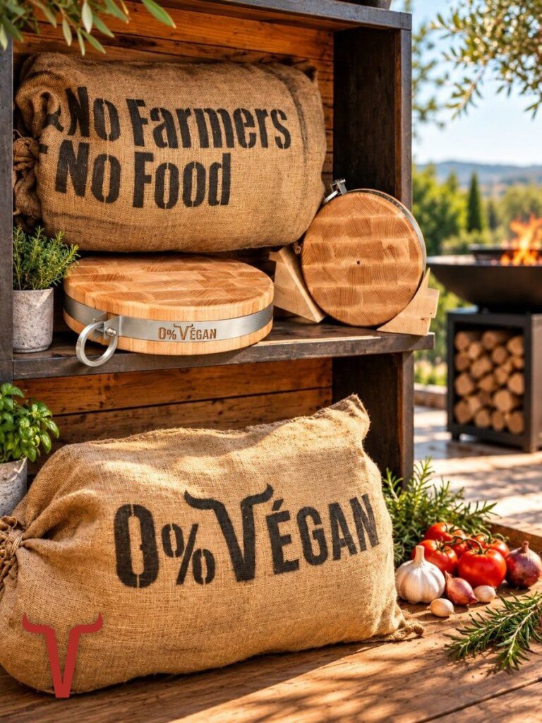 Sacs en toile de jute « No Farmers No Food » et « 0% Végan » et billots de boucher cerclés d'inox, sur des étagères en bois