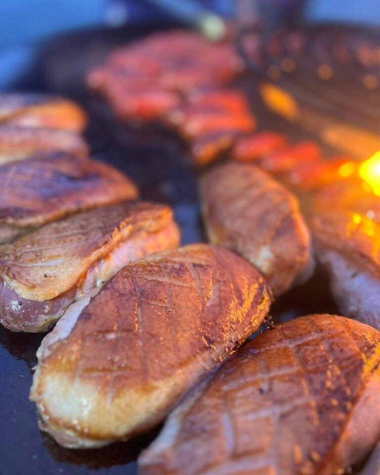 Magrets de canard grillés en gros plan sur la plancha