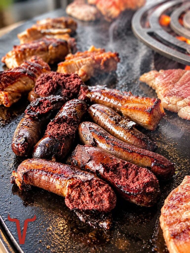 Boudins noirs, saucisses et poitrine grillés sur la plaque d'un braséro, près de la grille du foyer