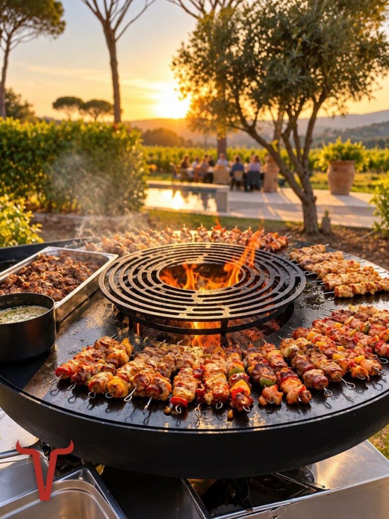 Brochettes de viande en couronne autour du foyer d'une grande plancha, au coucher du soleil, des convives attablés au fond