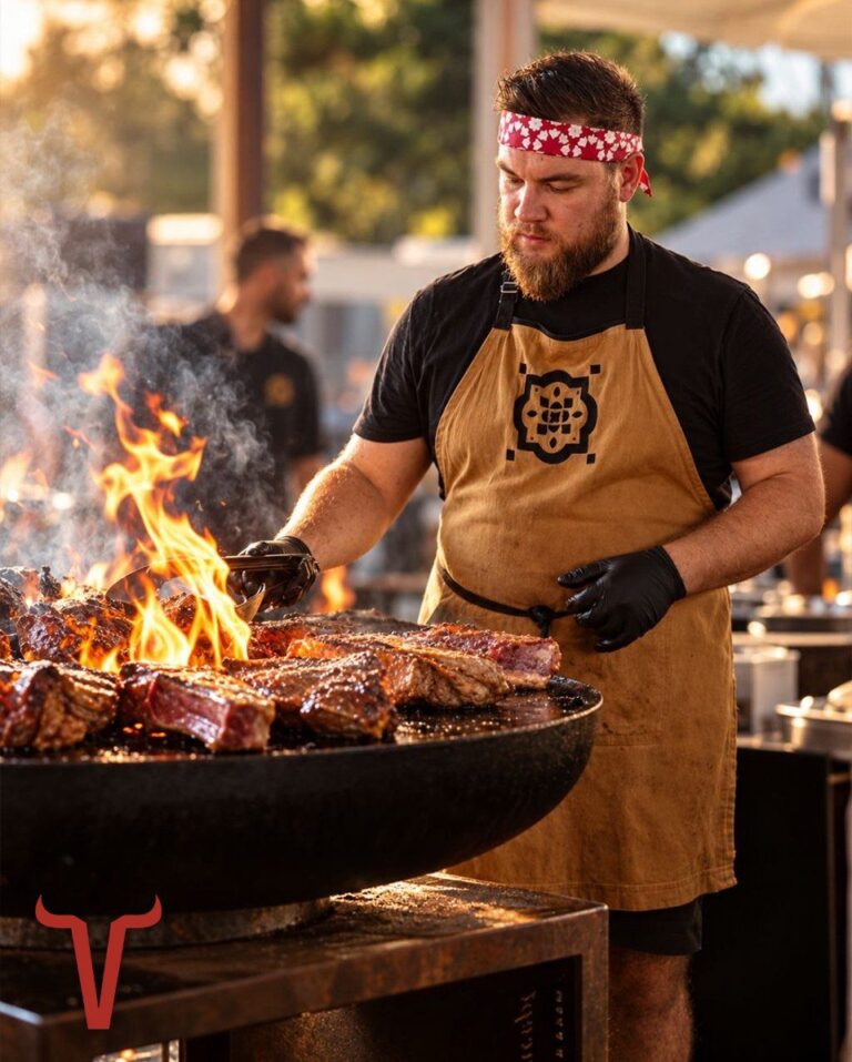 Cuisinier au bandeau fleuri et tablier brun grillant des côtes de bœuf dans les flammes d'un braséro, lors d'un évènement