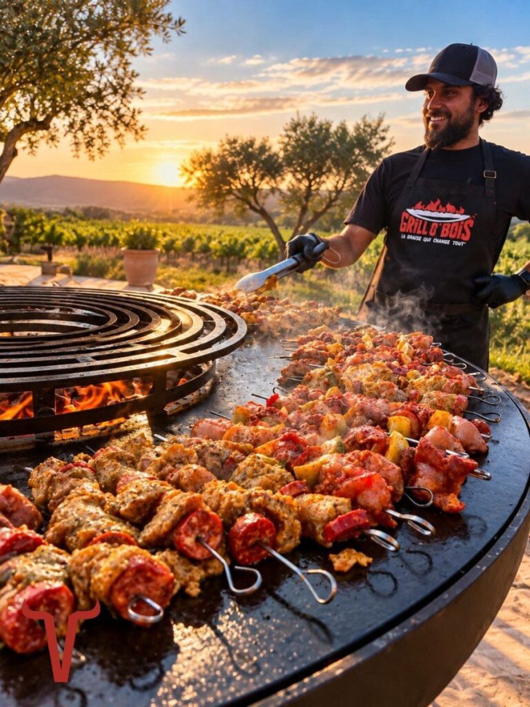 Cuisinier barbu en tablier noir retournant des brochettes de viande sur la plaque d'un grand braséro, au coucher du soleil