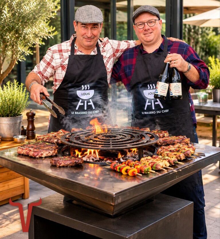 Deux cuisiniers en tablier, une pince et une bouteille de vin à la main, derrière un braséro carré garni de viandes et de brochettes