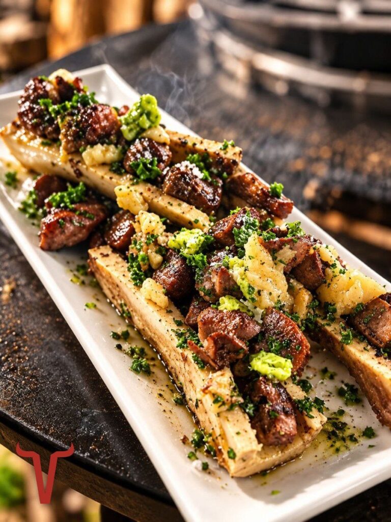 Os à moelle garnis de morceaux de viande, de persillade et de beurre, servis sur un plat blanc au bord de la plancha