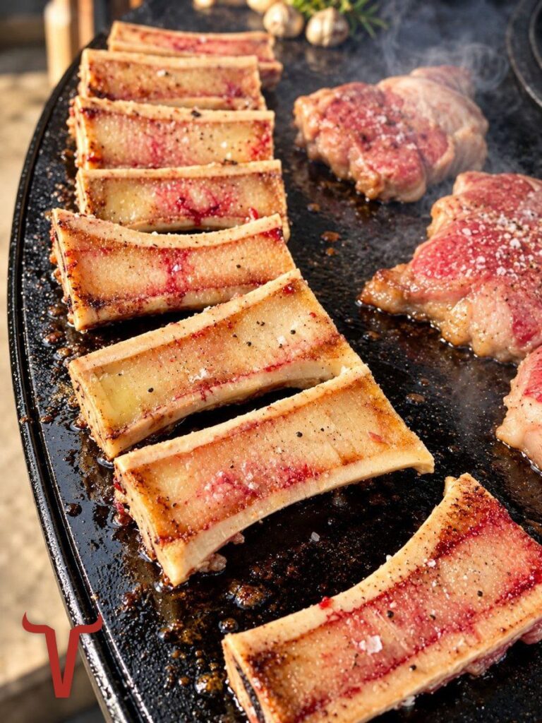 Os à moelle coupés en deux, salés et poivrés, alignés sur la plaque du braséro à côté de pièces de viande saignantes