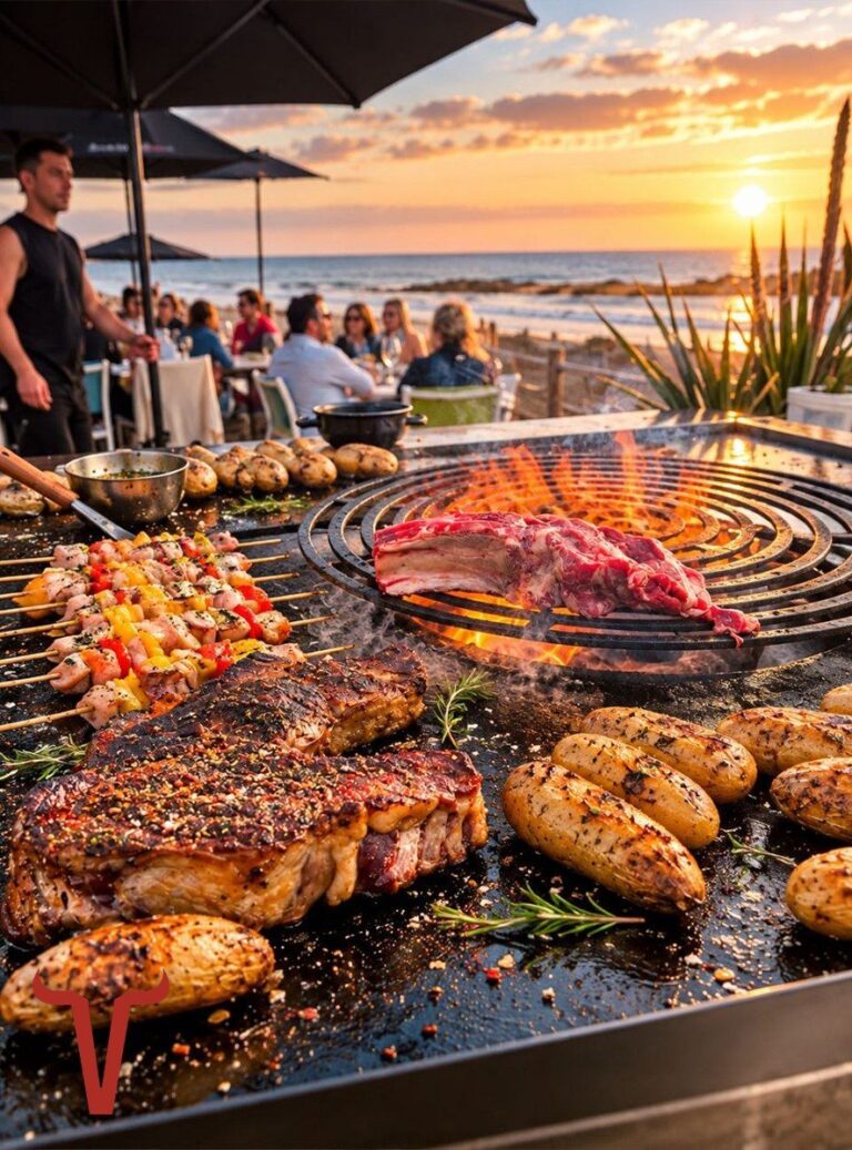 Plancha au bord de la plage : côte de bœuf, brochettes et pommes de terre grillées, au coucher du soleil