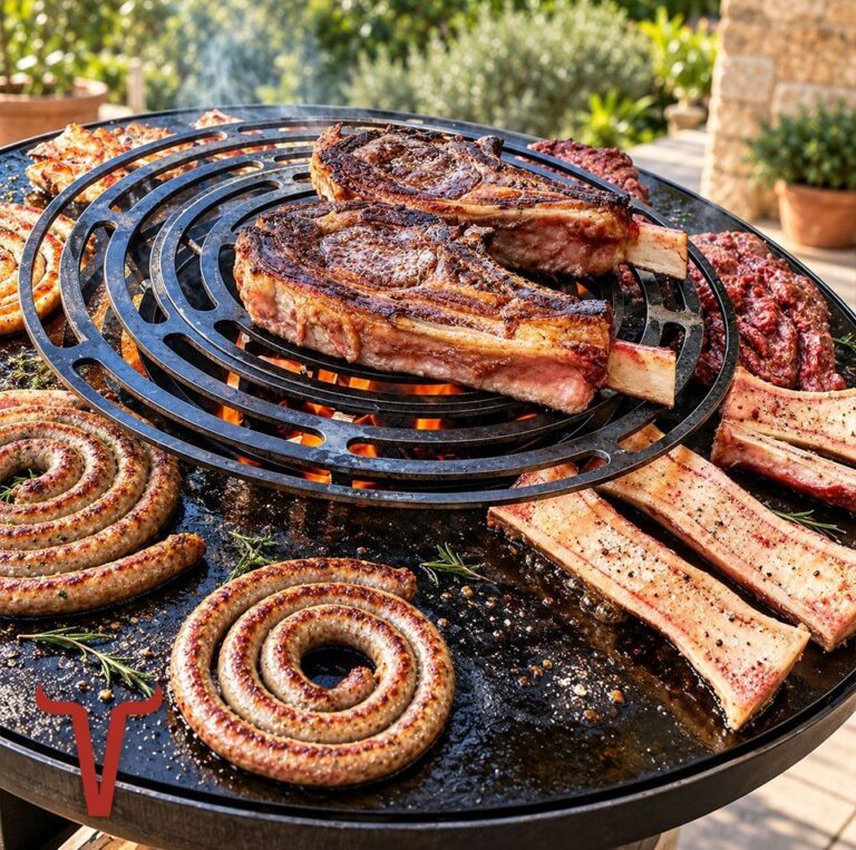 Saucisses en spirale, côte de bœuf et os à moelle autour de la grille d'un braséro