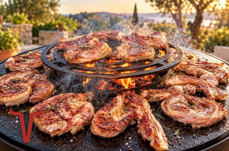 Tranches de porc grillées autour de la grille d'un braséro, sur la plaque d'acier