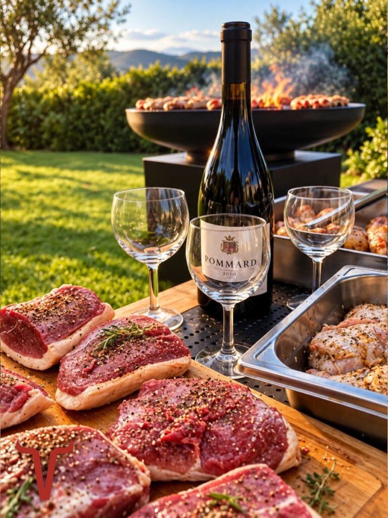 Pièces de viande marinées au poivre sur une planche, devant une bouteille de vin et deux verres, braséro à l'arrière-plan