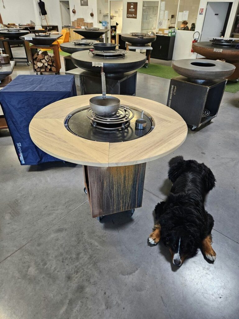 Tour en bois sur meuble en corten, avec un chien bouvier bernois couché devant